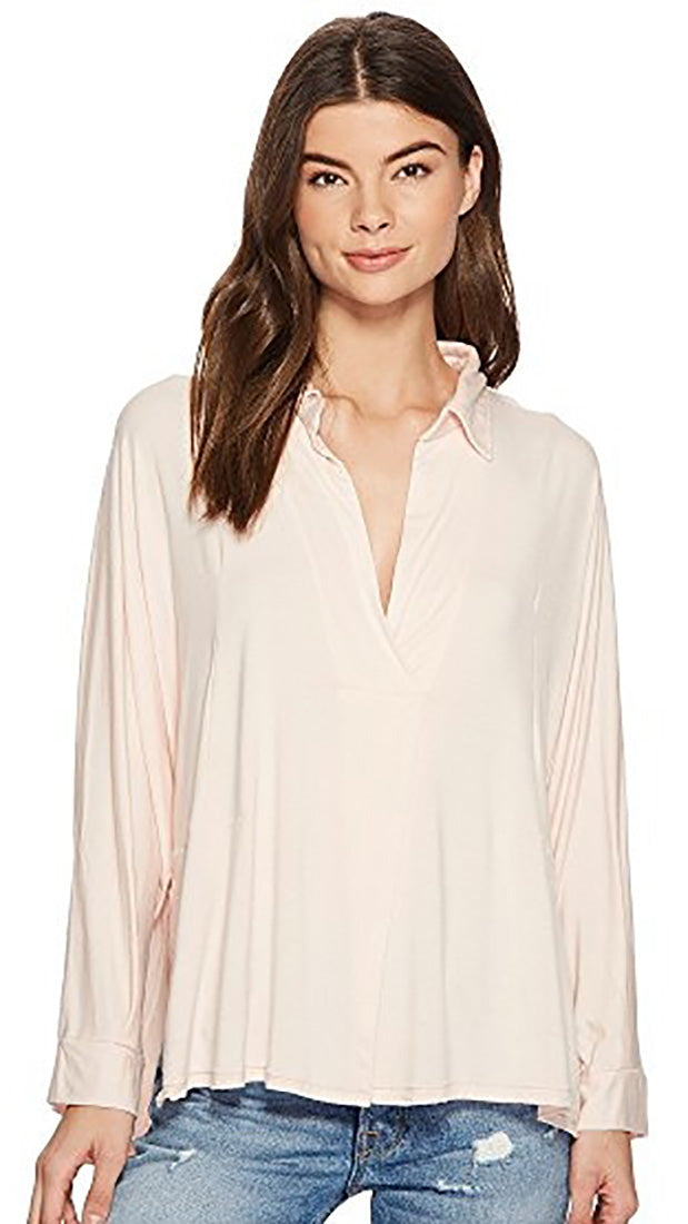 Free People Can't Fool Me Collar V Neck Tee Blouse Soft Peach Pink