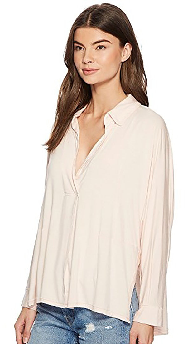 Free People Can't Fool Me Collar V Neck Tee Blouse Soft Peach Pink