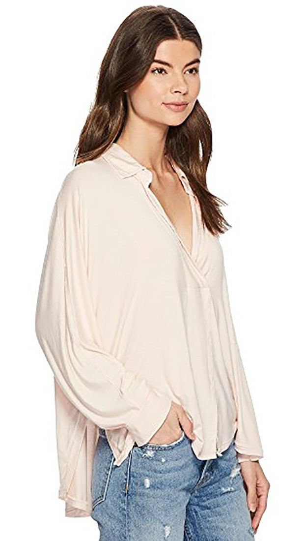 Free People Can't Fool Me Collar V Neck Tee Blouse Soft Peach Pink
