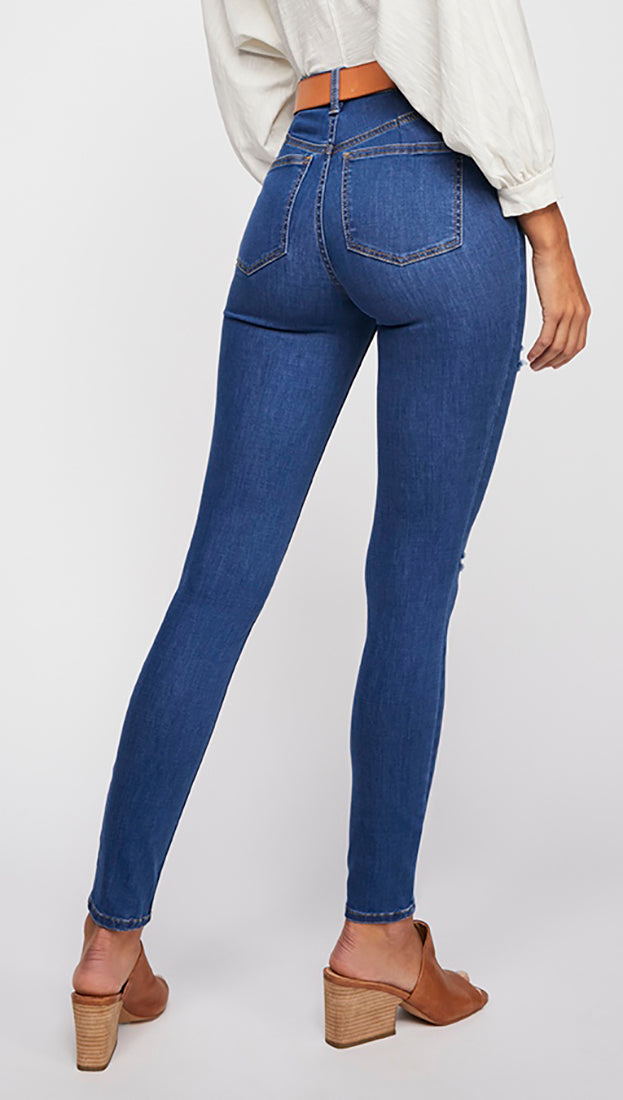  Free People High Rise Destroyed Long And Lean 70s Blue Jegging l ShopAA