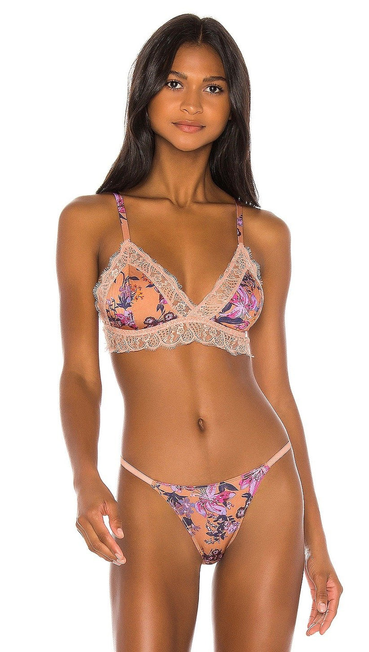 Free People Intimates Harper Triangle Bralette Brown Floral Lace Ruffle l ShopAA
