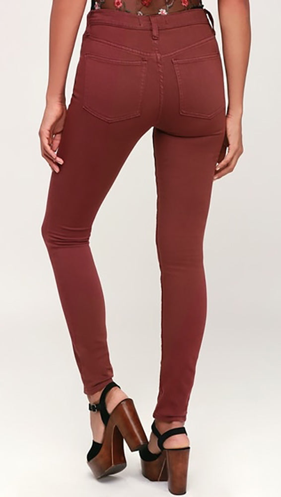 Free People High Rise Red Mocha Long And Lean Skinny Leg Denim Jegging