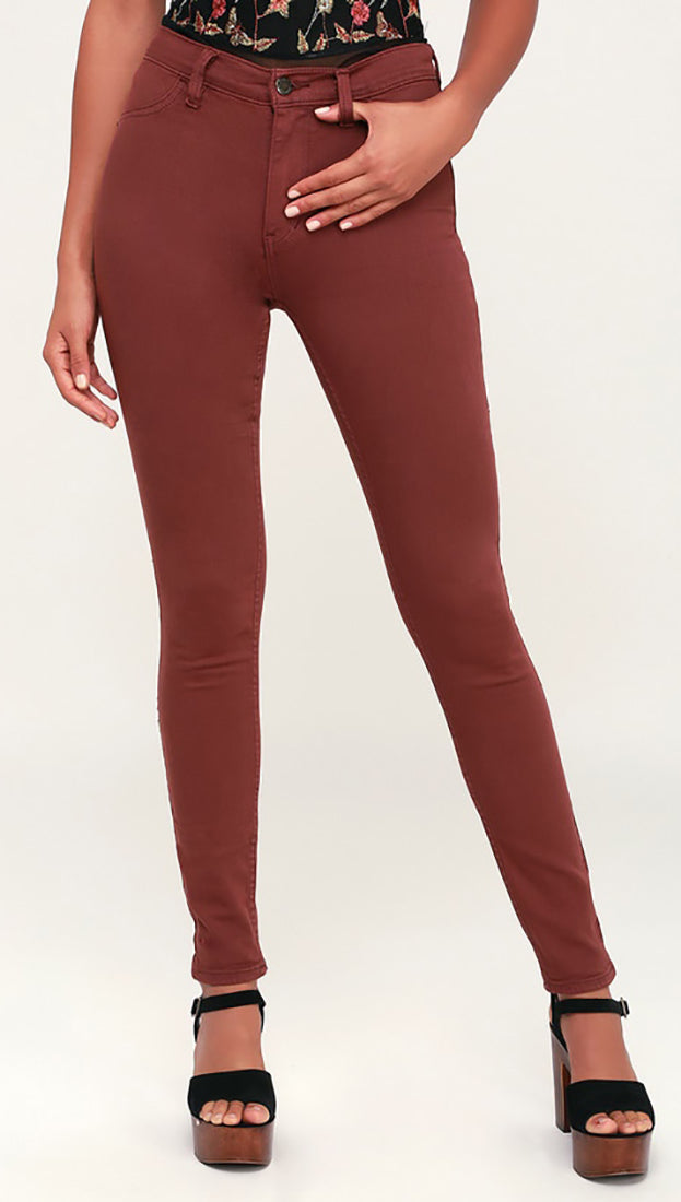 Free People High Rise Red Mocha Long And Lean Skinny Leg Denim Jegging