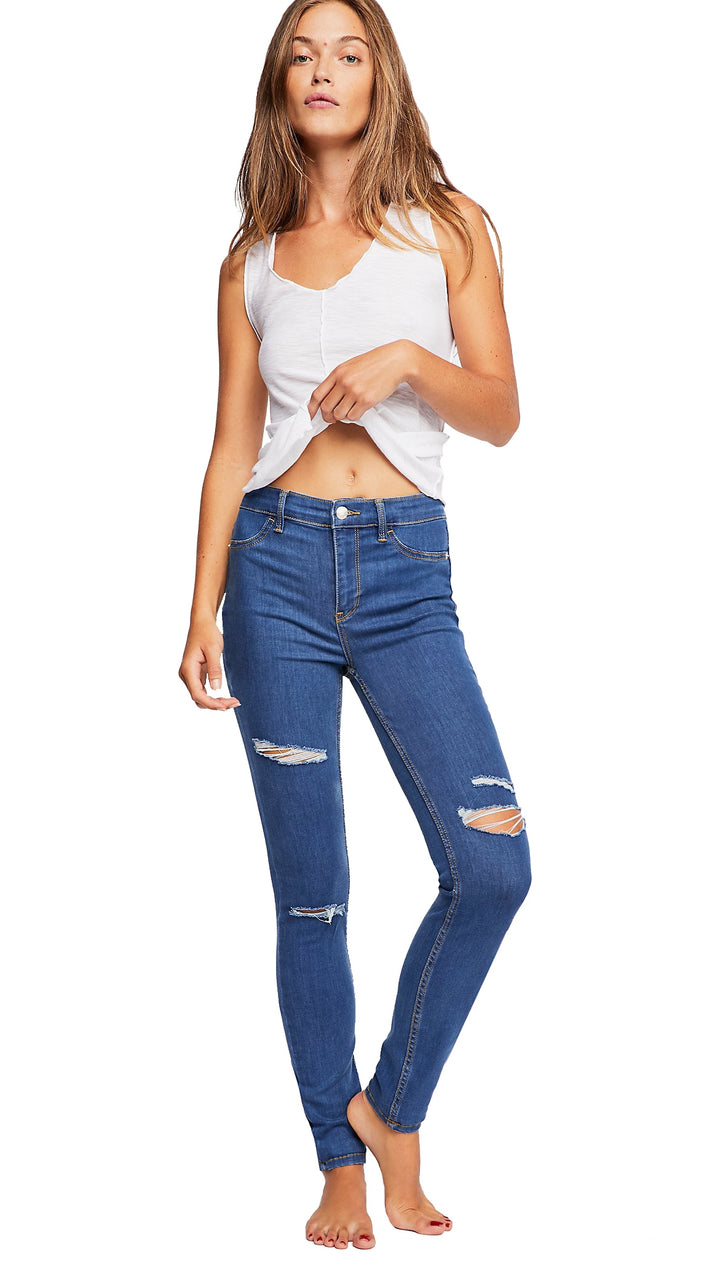  Free People High Rise Destroyed Long And Lean 70s Blue Jegging l ShopAA