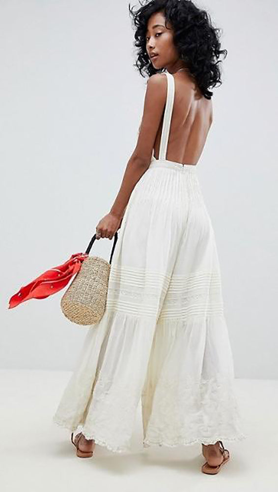 Free People Paloma Romper Jumpsuit Ivory White Crochet Lace Embroidered Wide Leg V Neck Scallop Edge