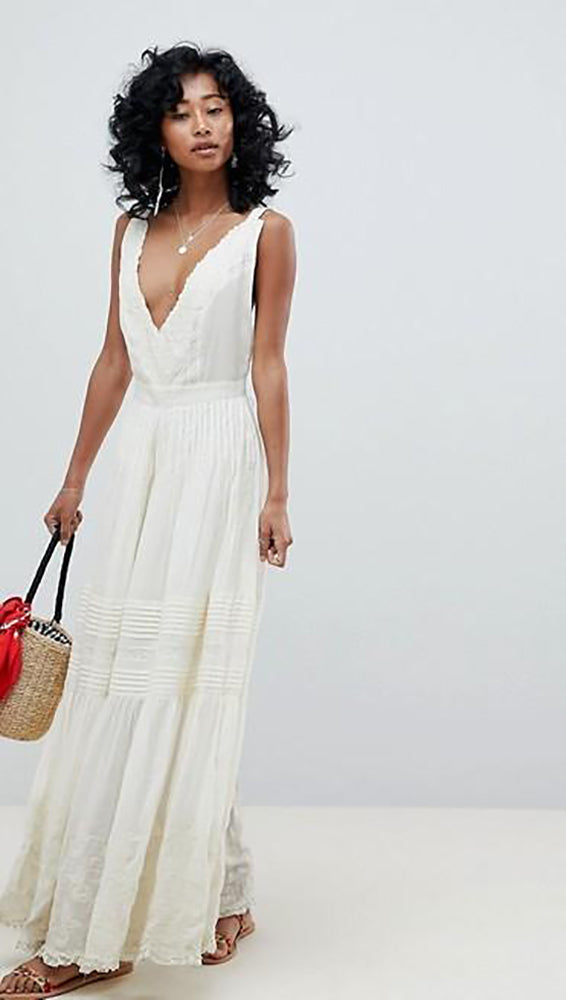 Free People Paloma Romper Jumpsuit Ivory White Crochet Lace Embroidered Wide Leg V Neck Scallop Edge