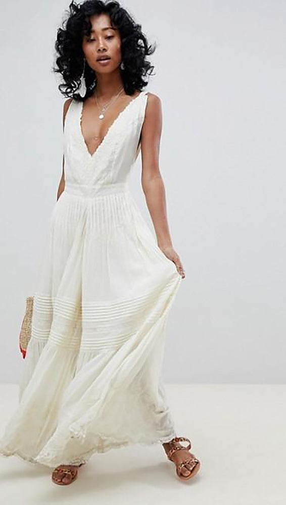 Free People Paloma Romper Jumpsuit Ivory White Crochet Lace Embroidered Wide Leg V Neck Scallop Edge