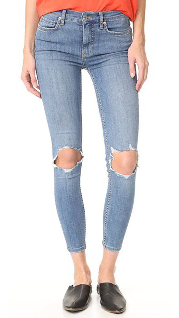 Free People High Rise Busted Knee Skinny Jeans Light Blue Wash