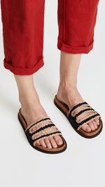 Free People Crete Footbed Sandals Black Woven Raffia Slip Ons I ShopAA