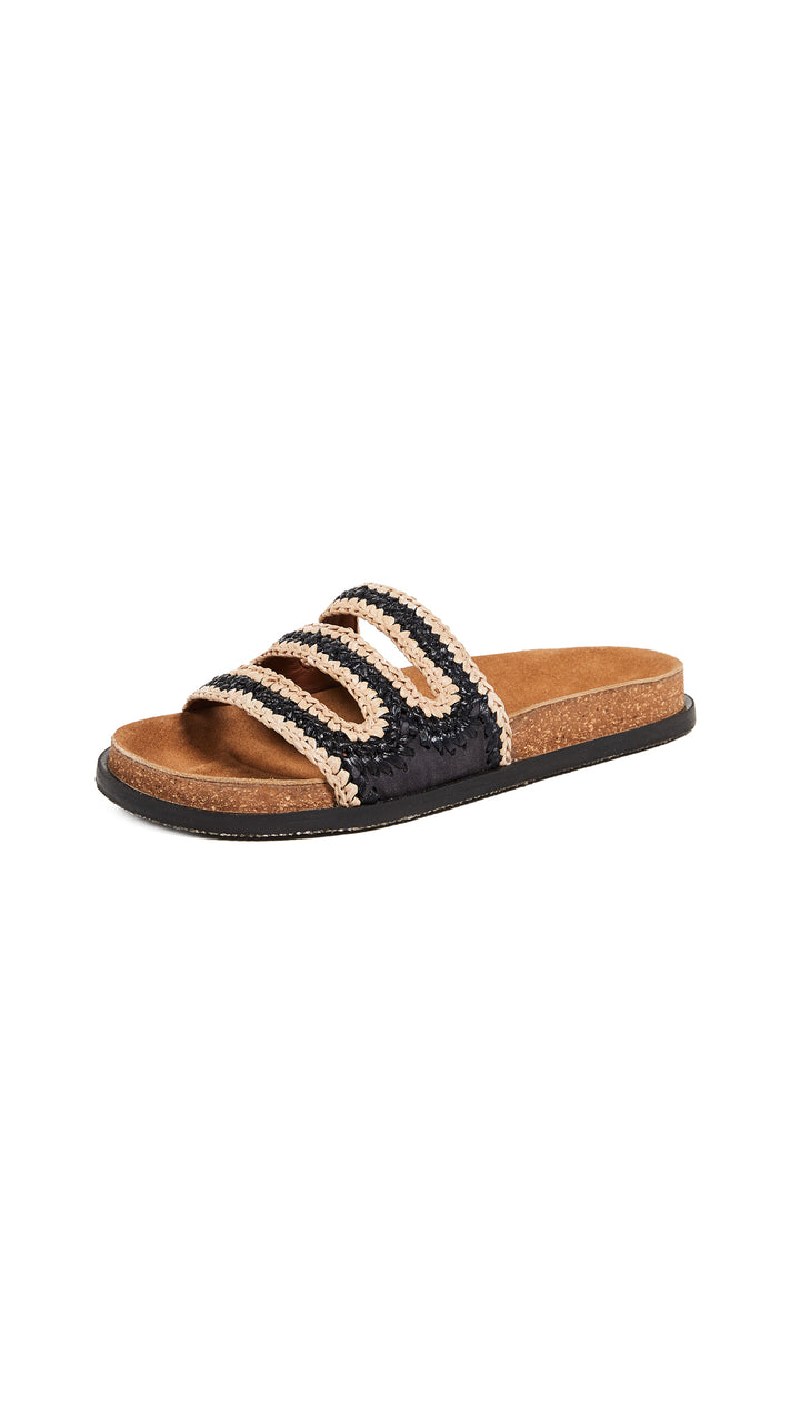 Free People Crete Footbed Sandals Black Woven Raffia Slip Ons I ShopAA