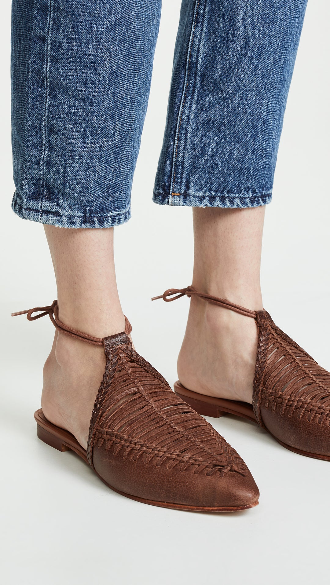 Free People Dana Woven Flats Cedar Brown Ankle Tie Mules I ShopAA