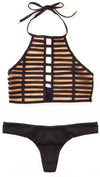 Beach Bunny Swimwear Hard Summer High Neck Halter Cut Out Top Black Nude Binding