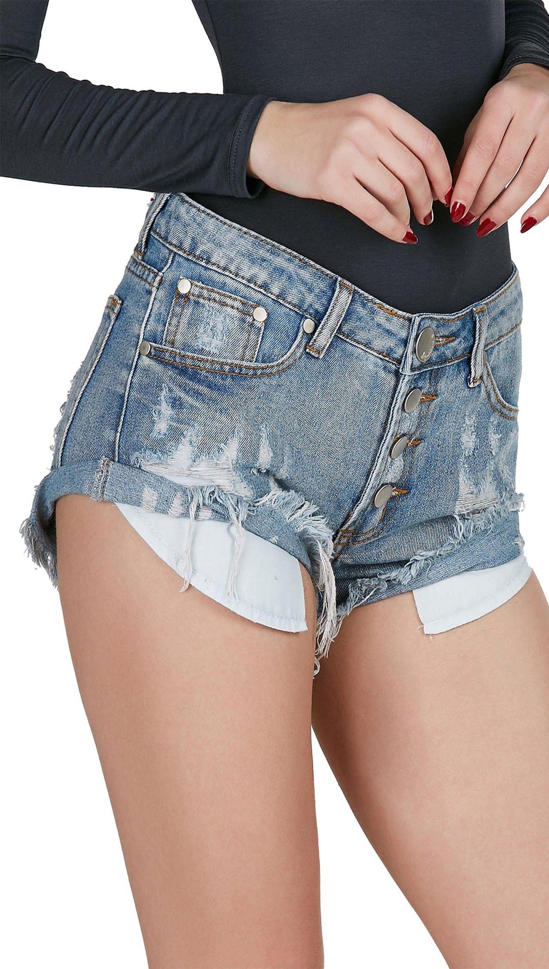 Bonitas Button Up Distressed Denim Rolled Cut Off Jean Shorts ShopAA