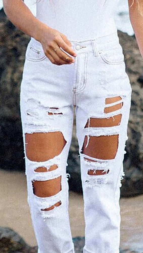 Destroyed Boyfriend Jeans White Ripped Denim by JessykaRobyn @