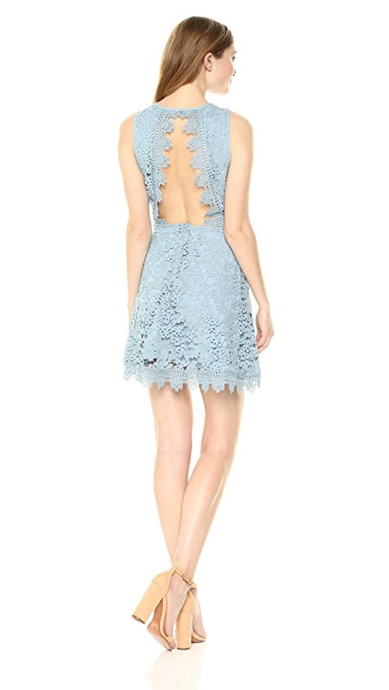 J.O.A. Open Back Scallop Lace Fit Flare Mini Dress Dusty Shale Blue Sleeveless Floral ShopAA 