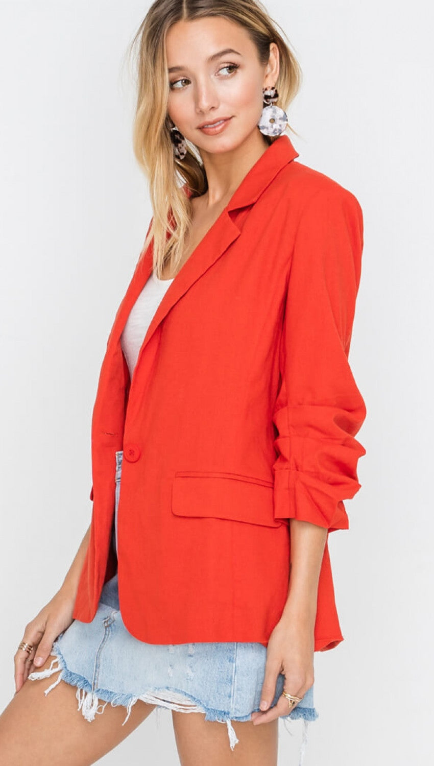 Resort Boss Ruched Sleeve Linen Blazer Red I ShopAA