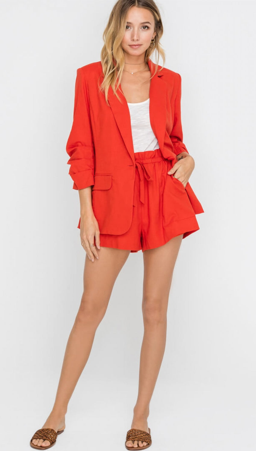 Resort Boss Ruched Sleeve Linen Blazer Red I ShopAA