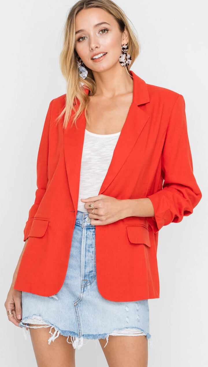Resort Boss Ruched Sleeve Linen Lightweight Casual Blazer Red I ShopAA