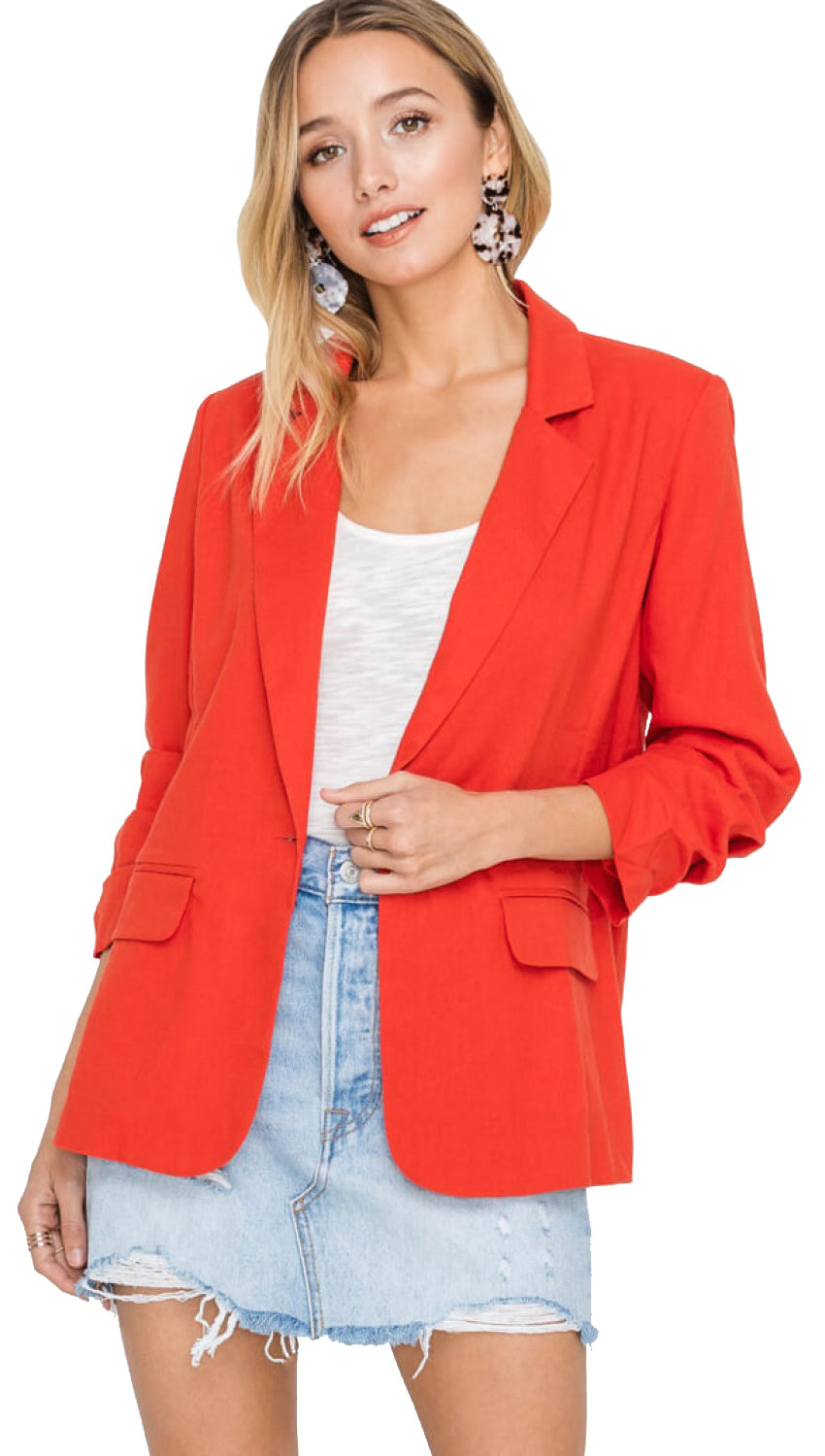Resort Boss Ruched Sleeve Linen Blazer Red I ShopAA
