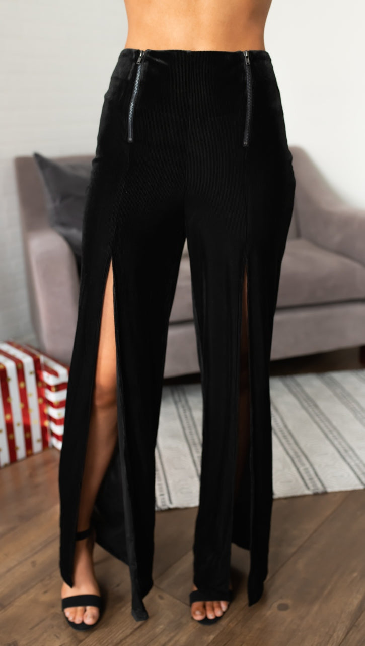 Zip Me Up Slit Zipper Palazzo Pants Black Velvet Wide Leg I ShopAA