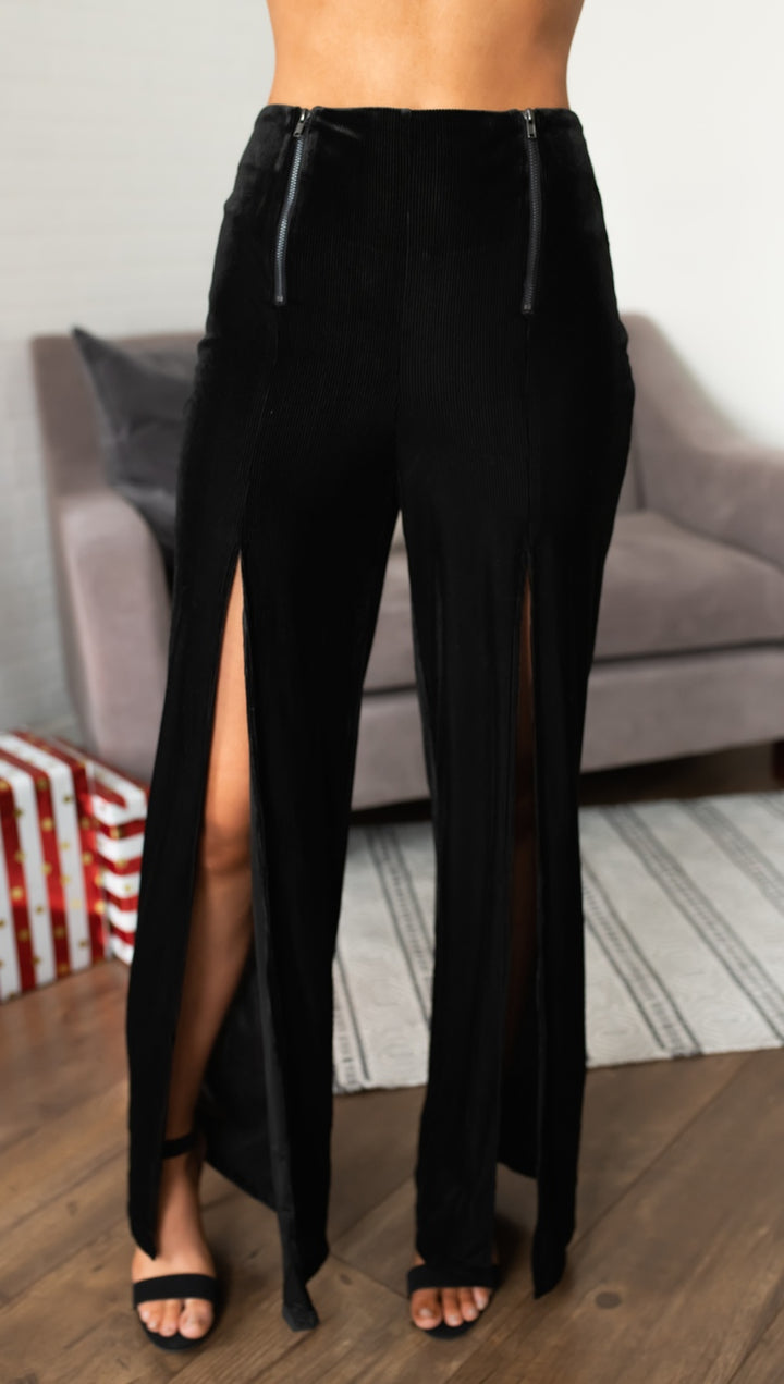 Zip Me Up Slit Zipper Palazzo Pants Black Velvet Wide Leg I ShopAA