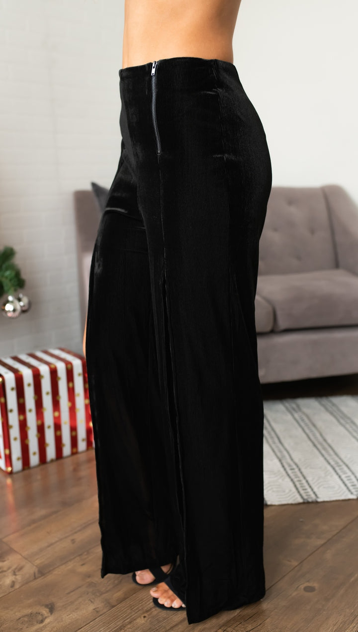 Zip Me Up Slit Zipper Palazzo Pants Black Velvet Wide Leg I ShopAA