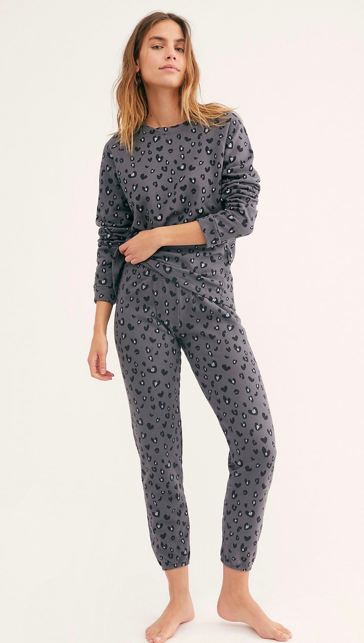 MONROW Heart Leopard Print Elastic Waist Sweats Vintage Black Pants Sweatpants ShopAA