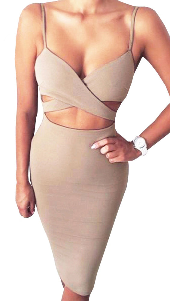Naomi Sleeveless V Neck Mini Dress Beige Nude Sexy Club Cut Out Sheath