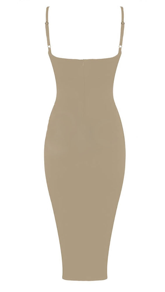 Naomi Sleeveless V Neck Mini Dress Beige Nude Sexy Club Cut Out Sheath