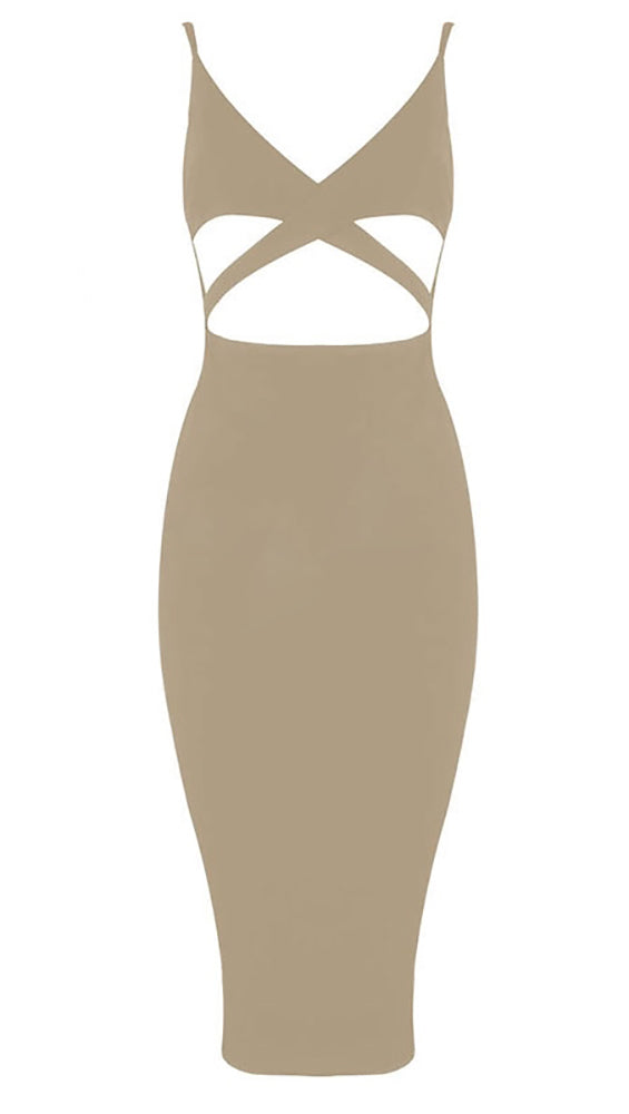 Naomi Sleeveless V Neck Mini Dress Beige Nude Sexy Club Cut Out Sheath
