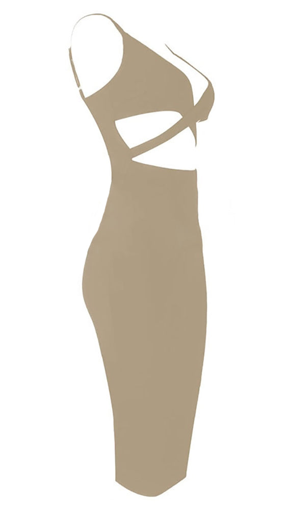 Naomi Sleeveless V Neck Mini Dress Beige Nude Sexy Club Cut Out Sheath