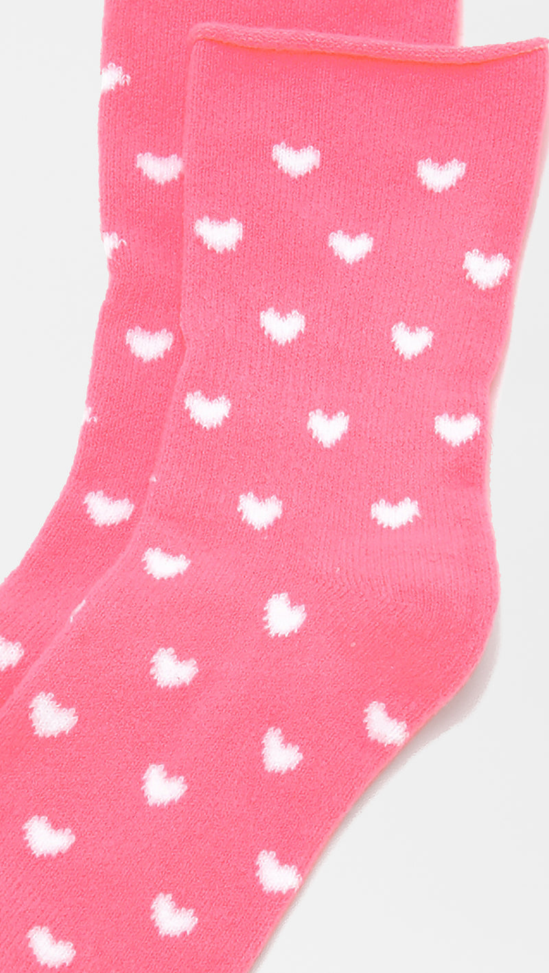Plush Fleece Rolled Ankle Socks White Heart Print Pink