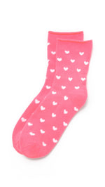 Plush Fleece Rolled Ankle Socks White Heart Print Pink | ShopAA