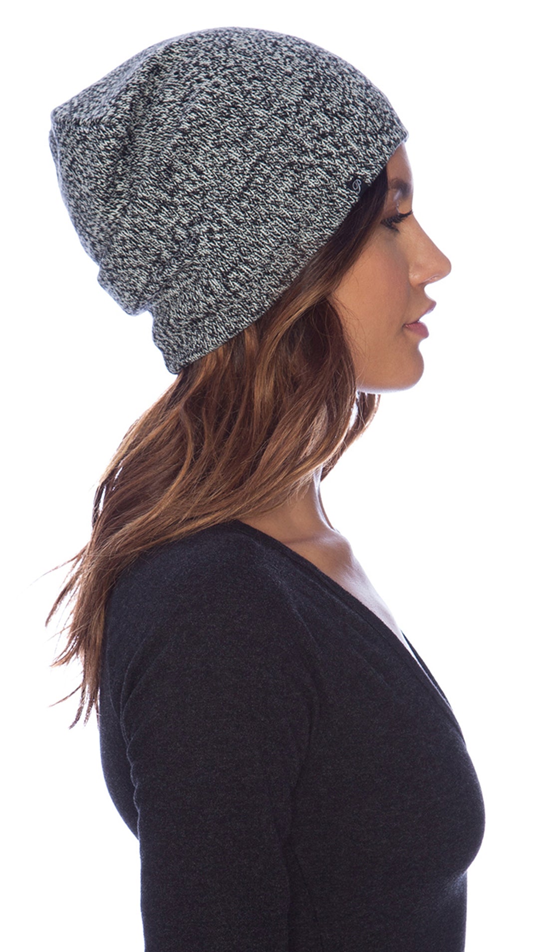 Plush Marled Knit Slouchy Beanie Hat Black White Fleece Lined | ShopAA