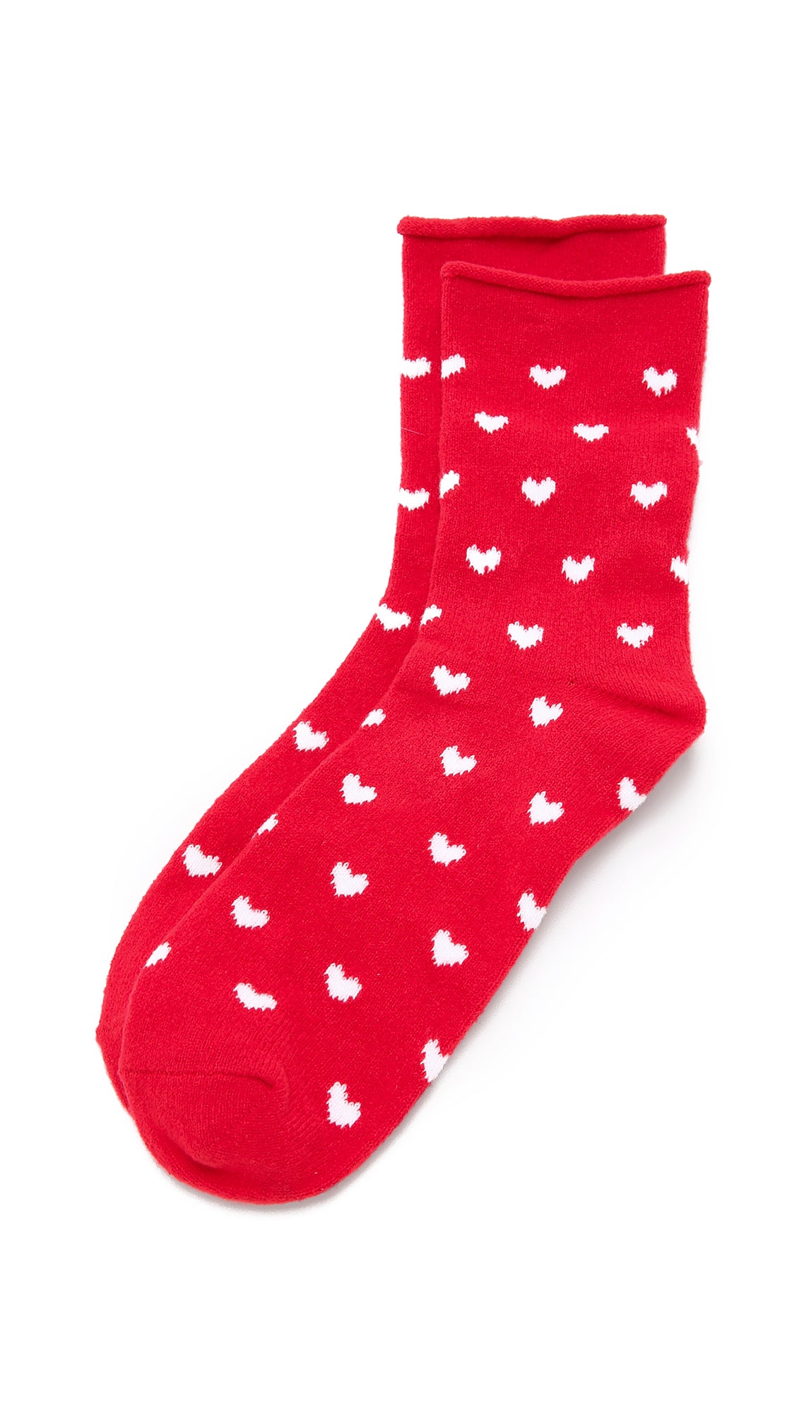 Plush Fleece Rolled Ankle Socks White Heart Print Red