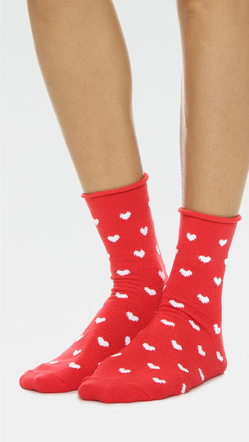 Plush Fleece Rolled Ankle Socks White Heart Print Red | ShopAA