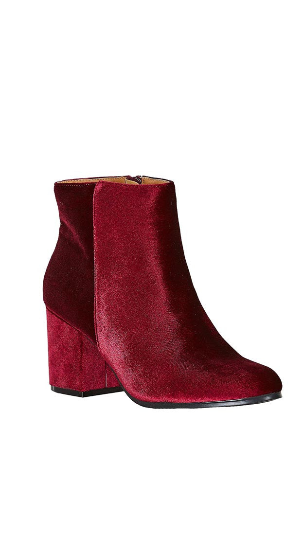 Velour Ankle Booties Red Wine Velvet Block Heel Shoes