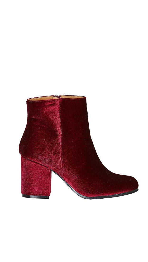 Velour Ankle Booties Red Wine Velvet Block Heel Shoes