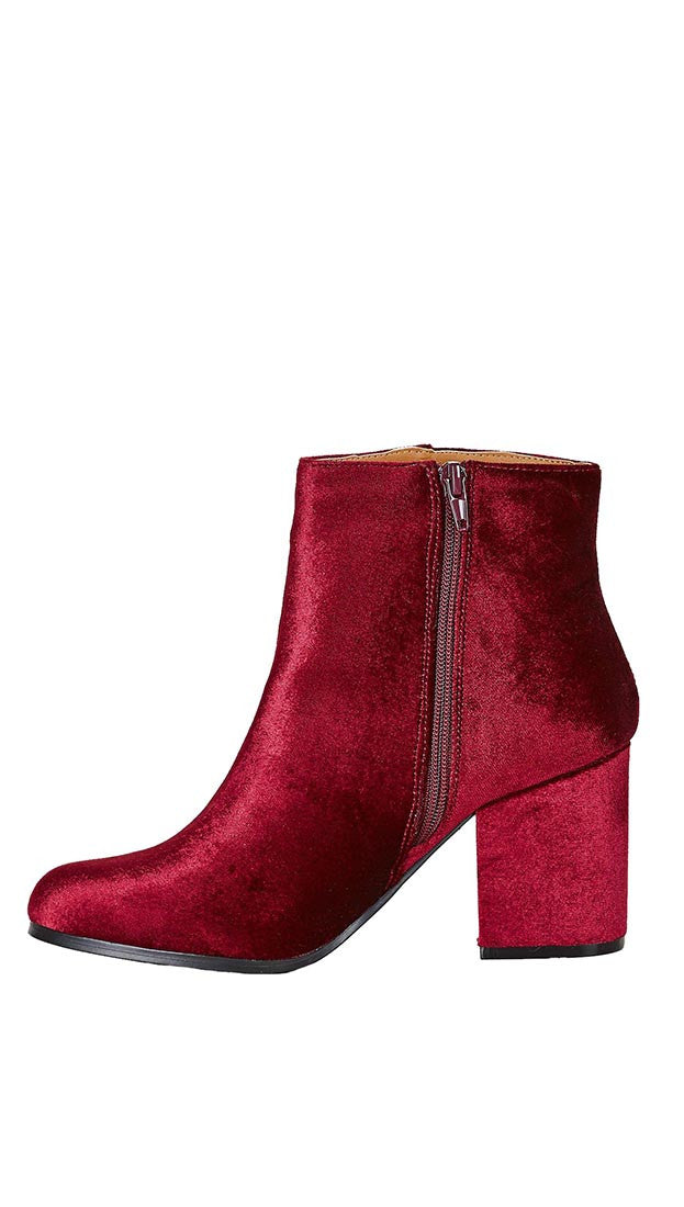 Velour Ankle Booties Red Wine Velvet Block Heel Shoes