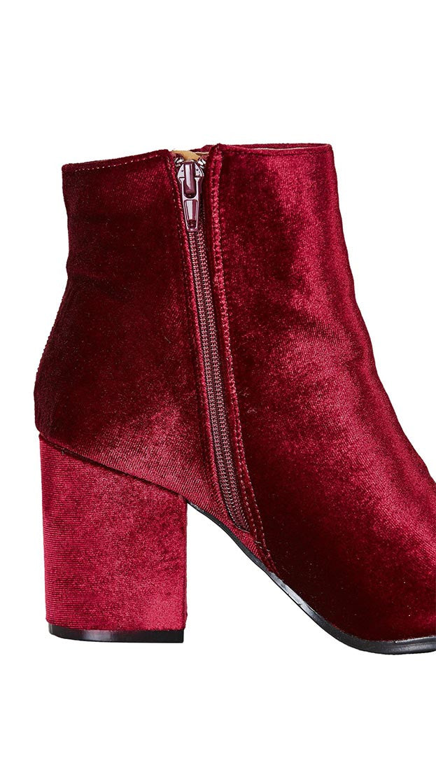 Velour Ankle Booties Red Wine Velvet Block Heel Shoes