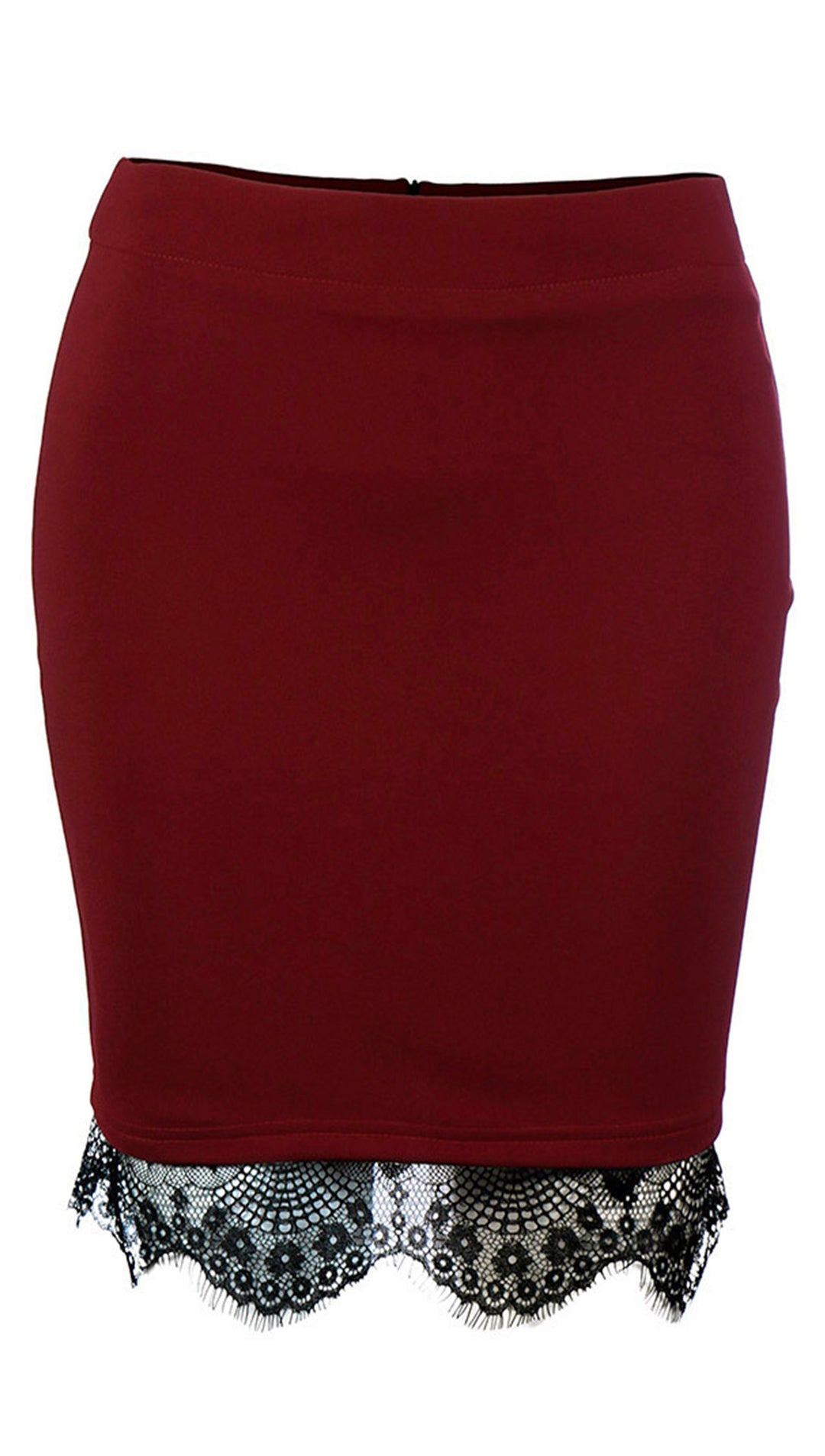 Black Red Scallop Lace Trim Mini Skirt - Fitted Pencil - ShopAA