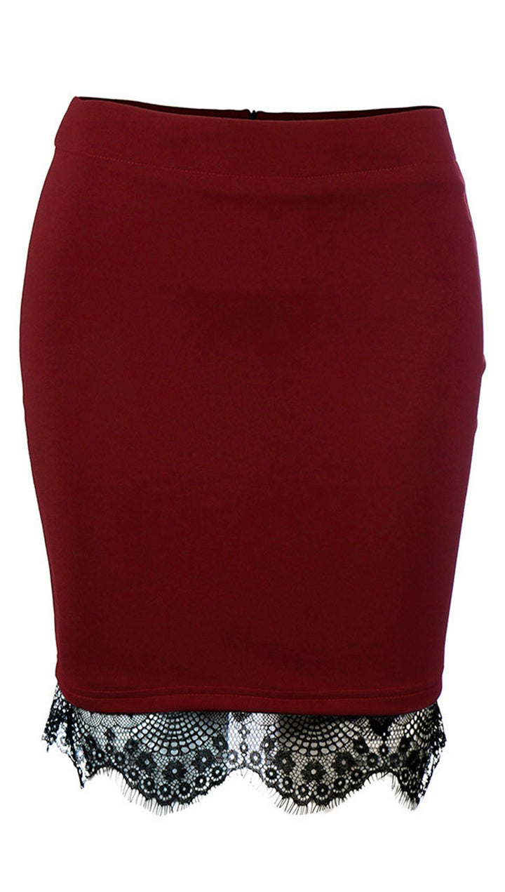 Black Red Scallop Lace Trim Mini Skirt - Fitted Pencil - ShopAA