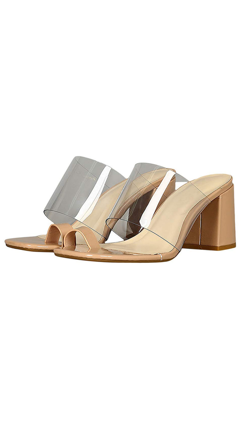 Clear plastic band toe Ring Chunky Heeled Mules Nude Patent I ShopAA