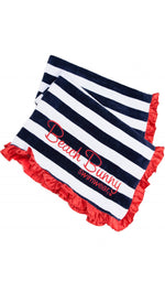 Navy Blue Stripe Beach Towel by Beach Bunny Swimwear Red Satin Ruffle Trim